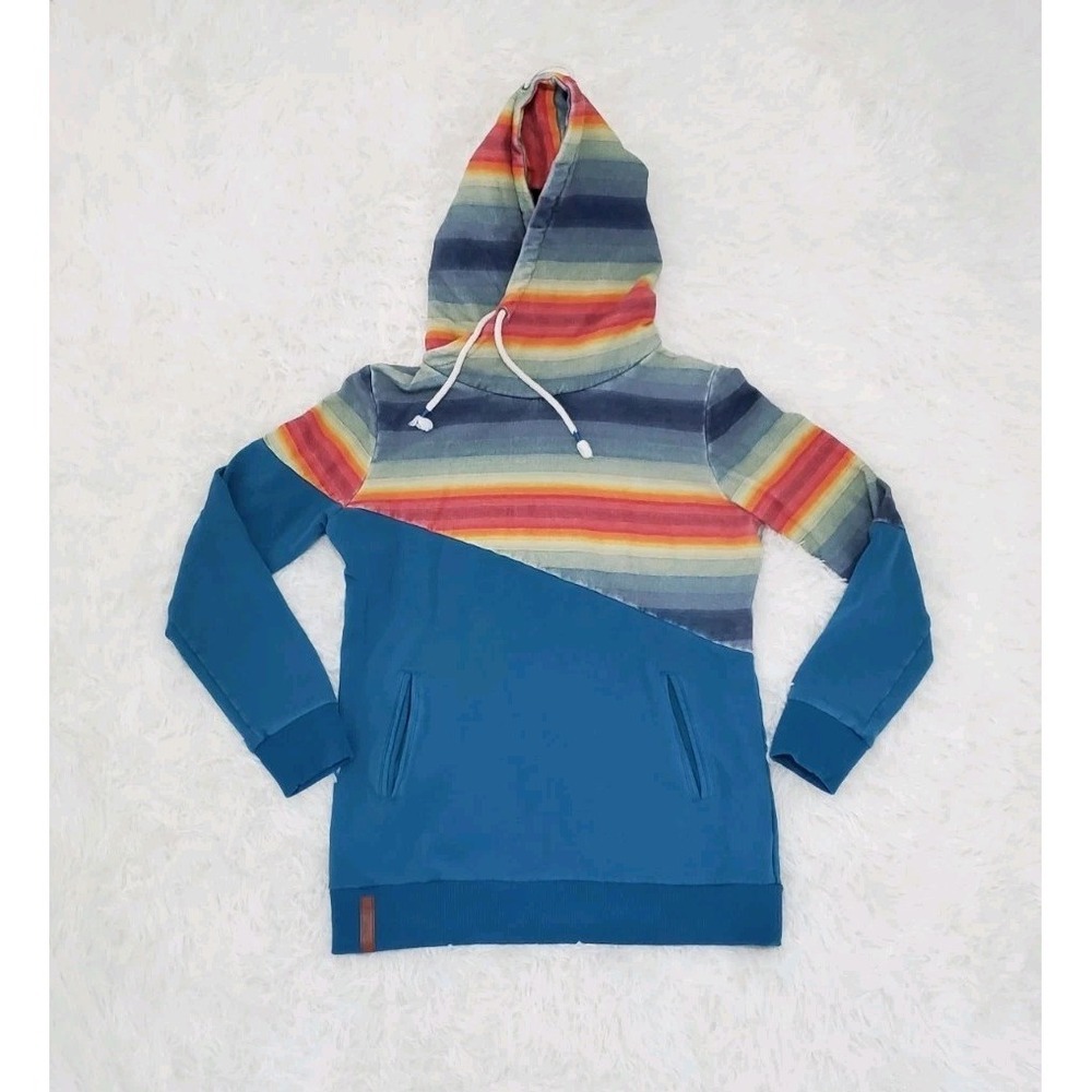 Ampersand Avenue SingleHood Here For Blue Hoodie Women Size Med. Rainbow Stripe